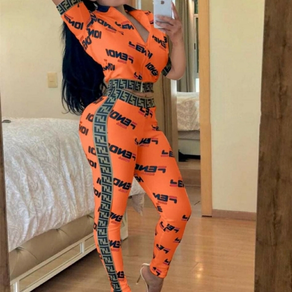 Fashion Nova Blue Logo Print Jumpsuit with Brown Trim - Picture 2 of 3